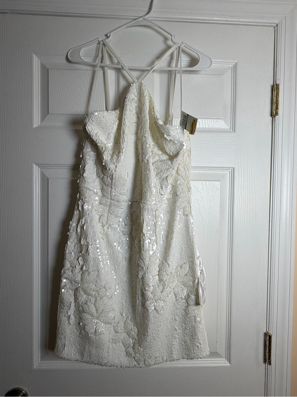 Dress the Population Victoria White Floral Flip Sequin Halter Mini Dress NWT L - Picture 5 of 9